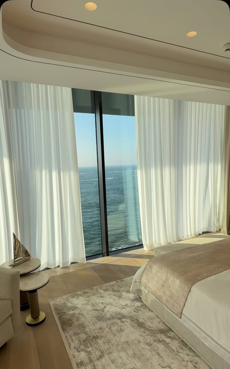 White wave sheer curtains overlooking the sea at Jumeirah Marsa Al Arab, installed by Dubai Curtain