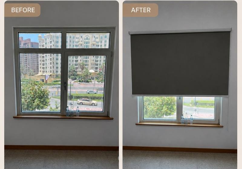 Before and after comparison of a bare window transformed with blackout roller blinds at Shoreline, Palm Jumeirah